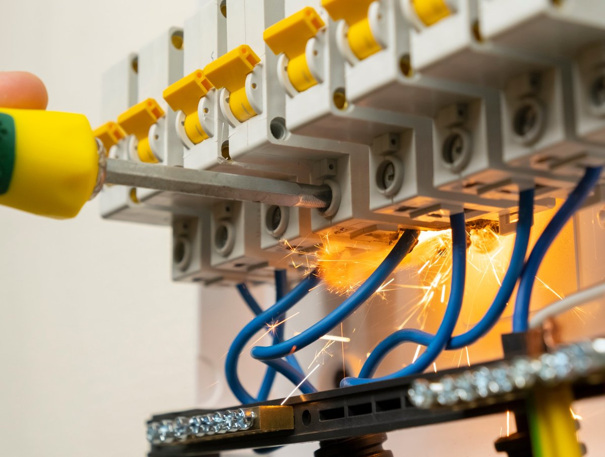 Technician adjusting a circuit breaker panel with a screwdriver during repair work